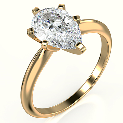 Picture of the classic solitaire Pear shaped diamond engagement ring, 6 prongs, yellow gold